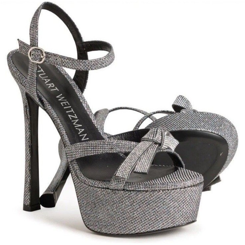 Stuart Weitzman Silver Glitter Platform Sandal Heels